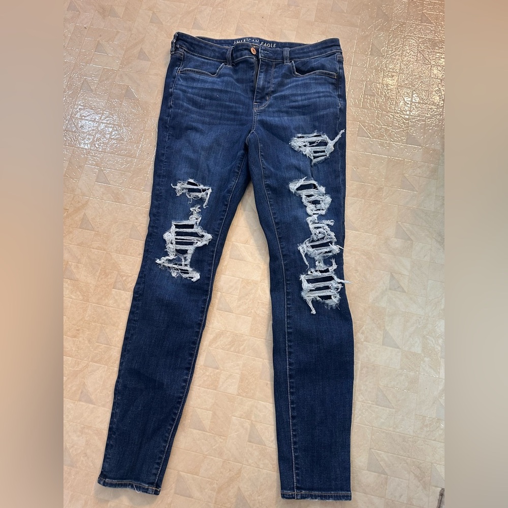 American Eagle Outfitters Dark Blue Distressed Skinny Jeans
